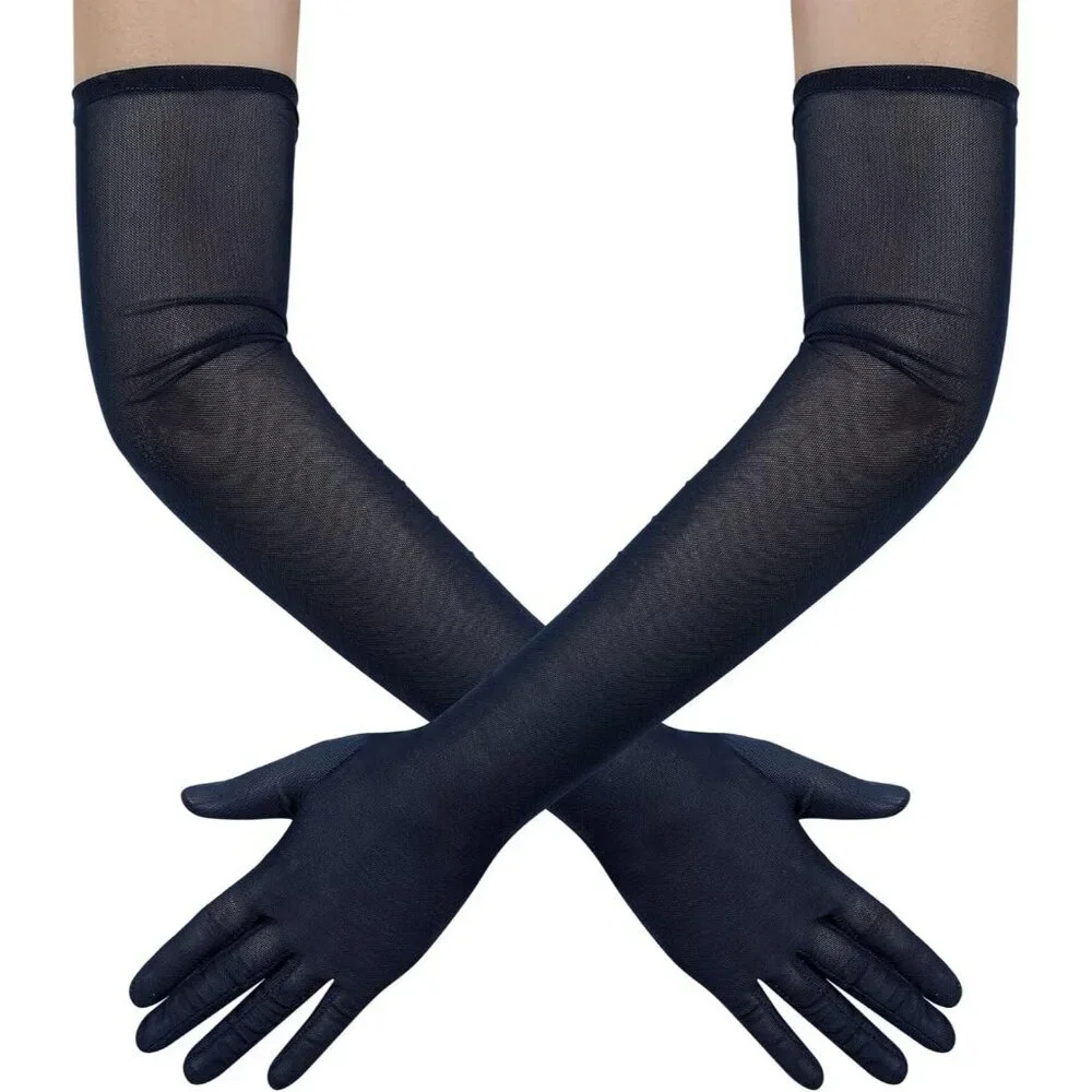 Women's Tulle Dark Navy Long Stretchy Gloves Halloween Party Wedding Costume
